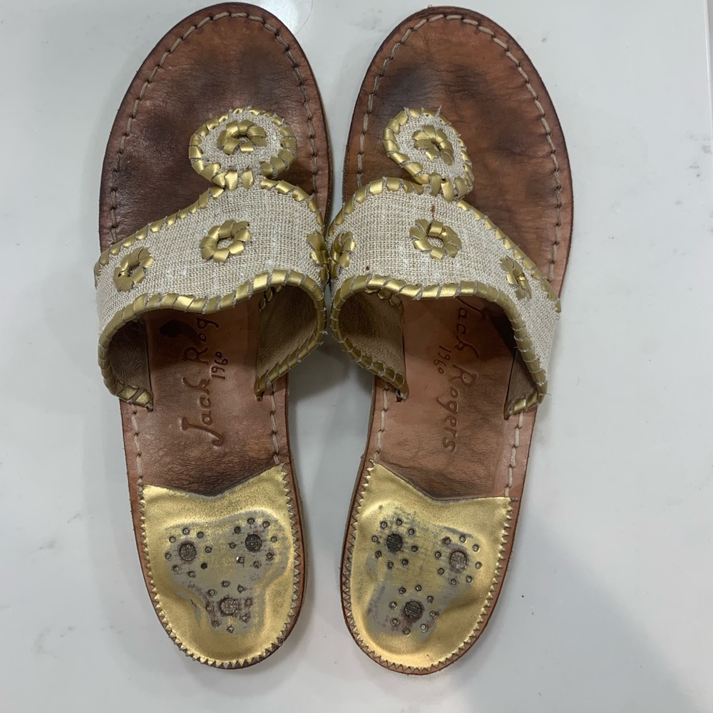 Jack Rodgers White/Gold Sandals- Well worn but great quality!